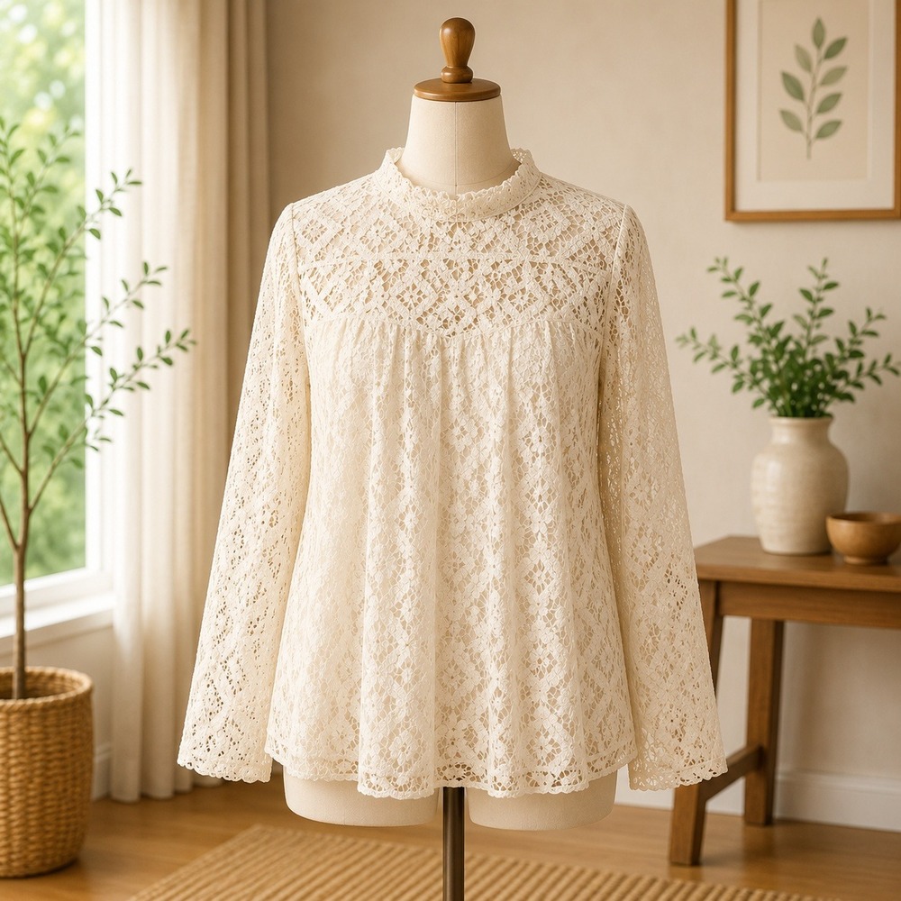 NWT Cupshe Lace Blouse Womens Medium Cream Mock Neck‎ Long Sleeve CAA04BH017GG